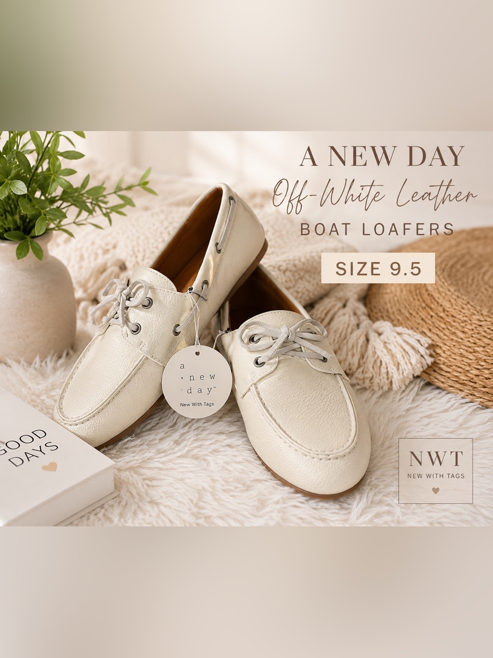 A New Day Off-White Leather Boat Loafers – Size 9.5
